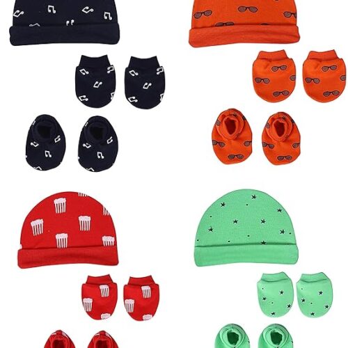 MOM'S DARLING Newborn Baby Cotton Cap, Mitten and Booties Combo Set | Infant Cap Set | Mittens Set | Bootie Set | Kids Gloves & Socks Set | Baby Gift Set | 0-12 Months | Pack of 4 Sets | Multicolor.