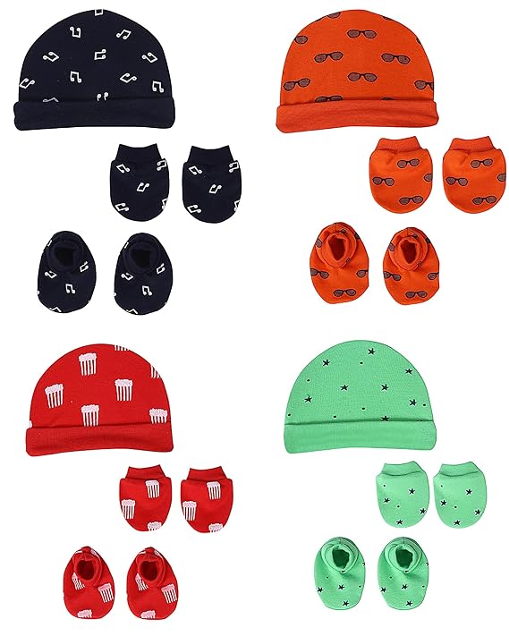 MOM'S DARLING Newborn Baby Cotton Cap, Mitten and Booties Combo Set | Infant Cap Set | Mittens Set | Bootie Set | Kids Gloves & Socks Set | Baby Gift Set | 0-12 Months | Pack of 4 Sets | Multicolor.