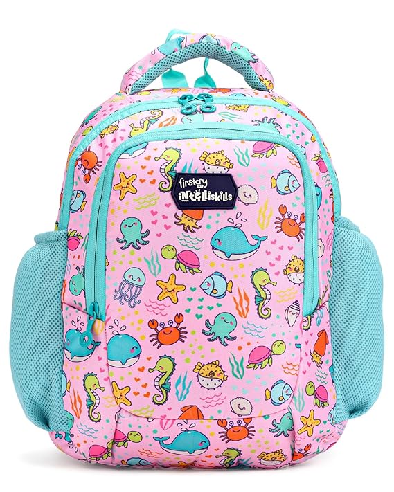 Intelliskills Ocean Animals Themed Premium Backpack for Kids|Printed School Bag for Boys/Girls|Comfortable &Lightweight Shoulder Backpack for Children|Multi-Pocket Bag for 3 Year+ Kids|15 Inches -Pink