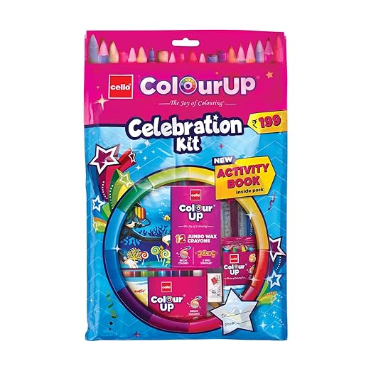 Cello ColourUp Celebration Kit | Colouring Kit includes includes Crayons, Sketch Pens, Coloured Pens & Activity Book | Ideal for Kids Gifting