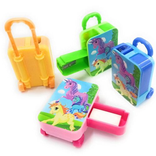 VR Creatives Unicorn Eraser for Girls (2 Pcs) Eraser Sharpener Set, Unicorn Sharpener Eraser Kit, Suitcase Shape Eraser for Kids, Return Gifts Eraser Sharpener Combo for Kids School Stationary Items