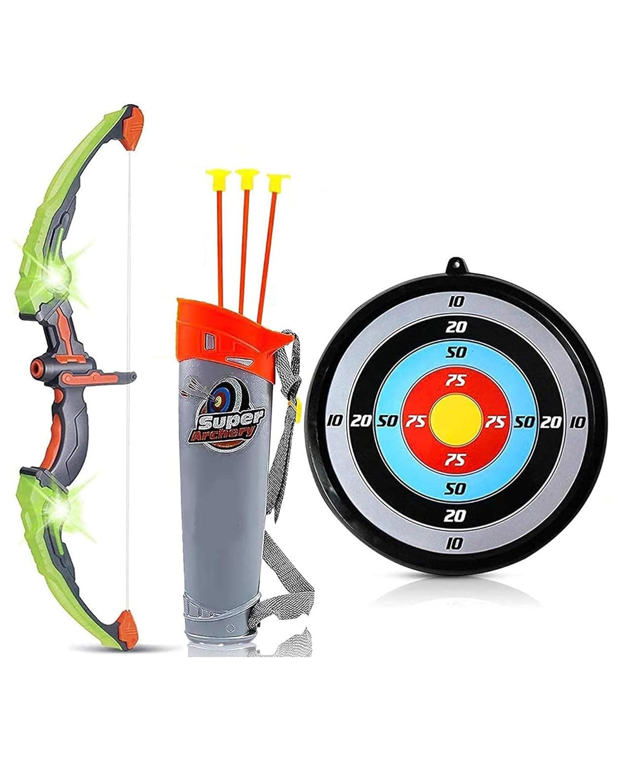 Urban Toys Archery Set for Kids - Includes Bow, 3 Suction Cup Arrows, Target & Quiver | Safe Outdoor Hunting Game for Boys & Girls | Colorful Super Archery Bow with Dart Target Board