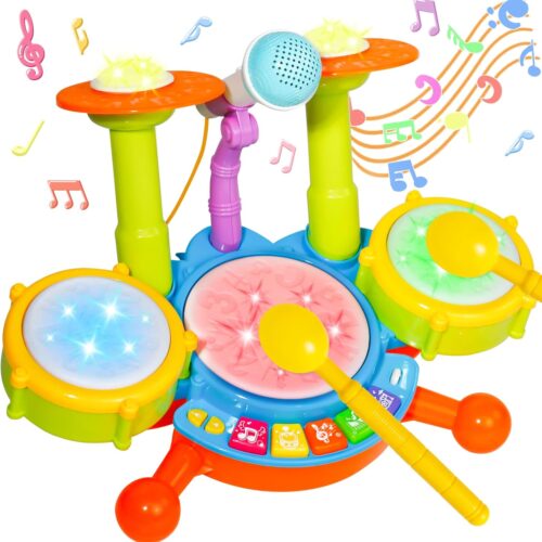 Kids Drum Set for Toddlers 1-3 Musical Toys for 1 Year Old Boy Gifts Baby Educational Instruments Microphone Piano Light Up Baby Learning Toys 12-18 Months Easter Gift for 1 2 3 Year Old Boy Girl