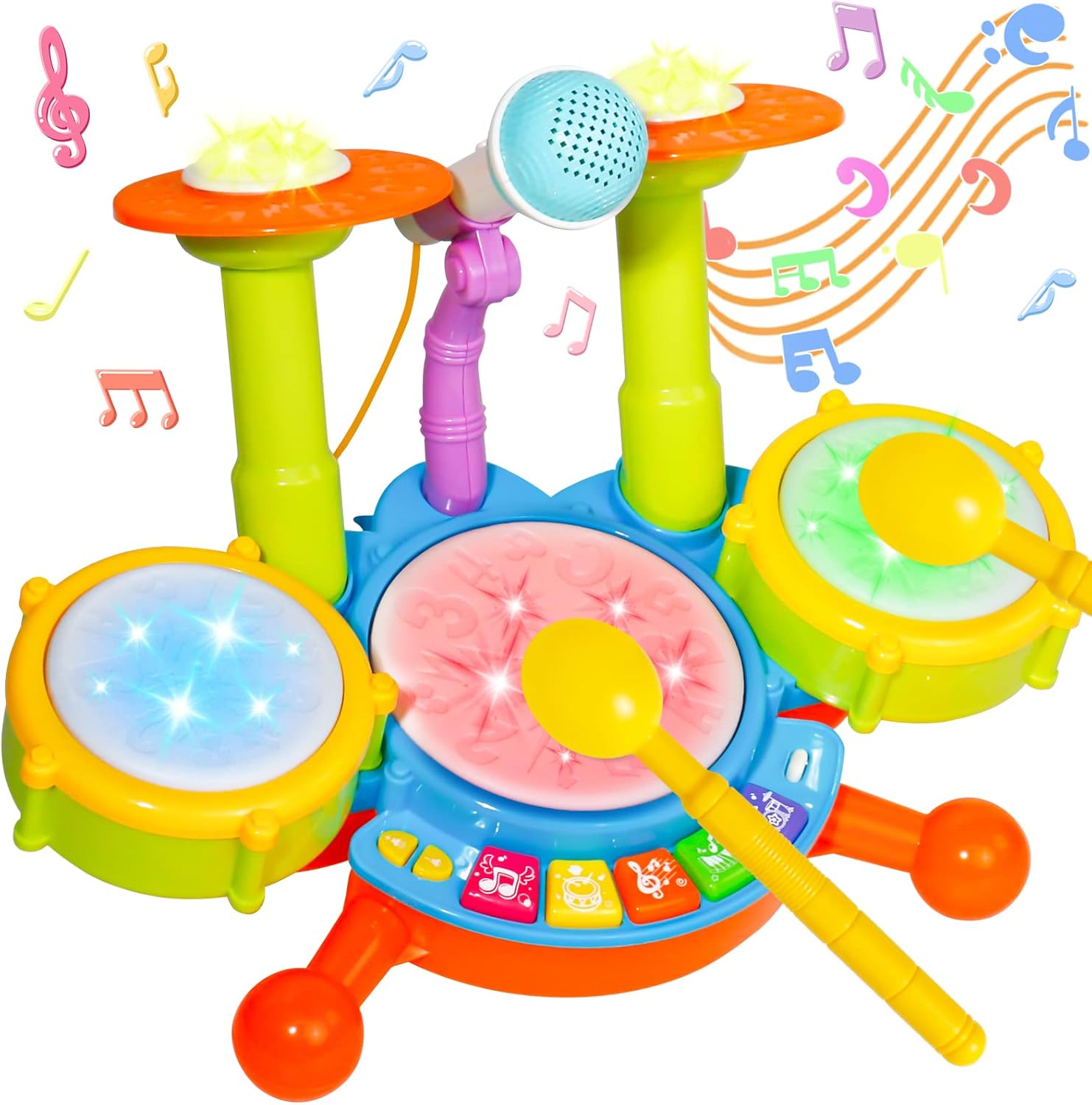 Kids Drum Set for Toddlers 1-3 Musical Toys for 1 Year Old Boy Gifts Baby Educational Instruments Microphone Piano Light Up Baby Learning Toys 12-18 Months Easter Gift for 1 2 3 Year Old Boy Girl