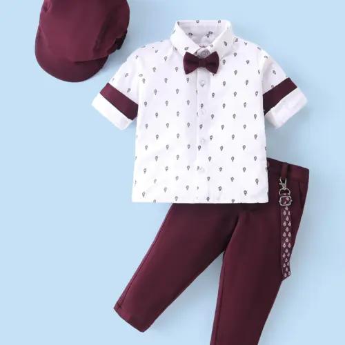 Babyhug Woven Full Sleeves Party Wear Shirt & Pant Set With Bow & Suspender Ice Cream Print - White & Maroon