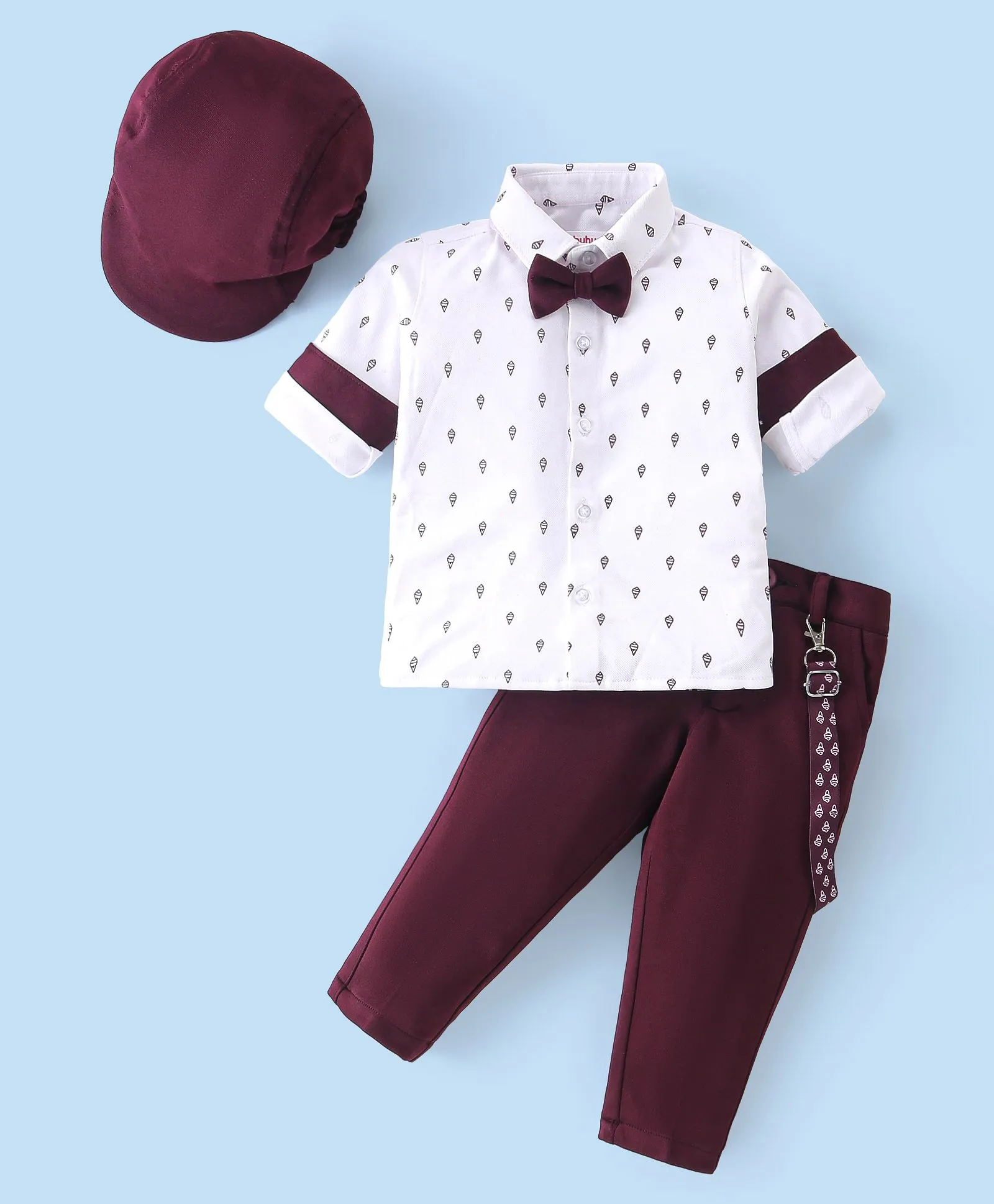 Babyhug Woven Full Sleeves Party Wear Shirt & Pant Set With Bow & Suspender Ice Cream Print - White & Maroon