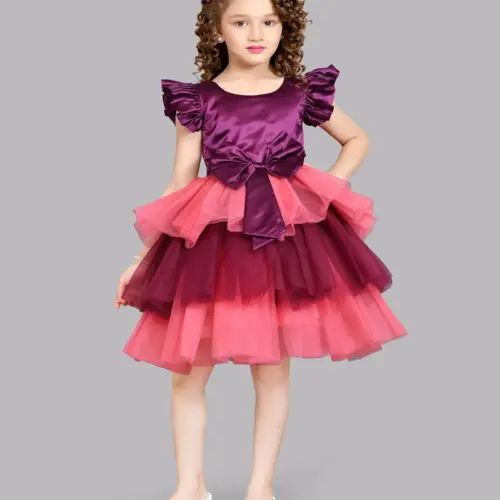PinkChick Satin Frill Sleeves Solid Layered Dress - Burgundy