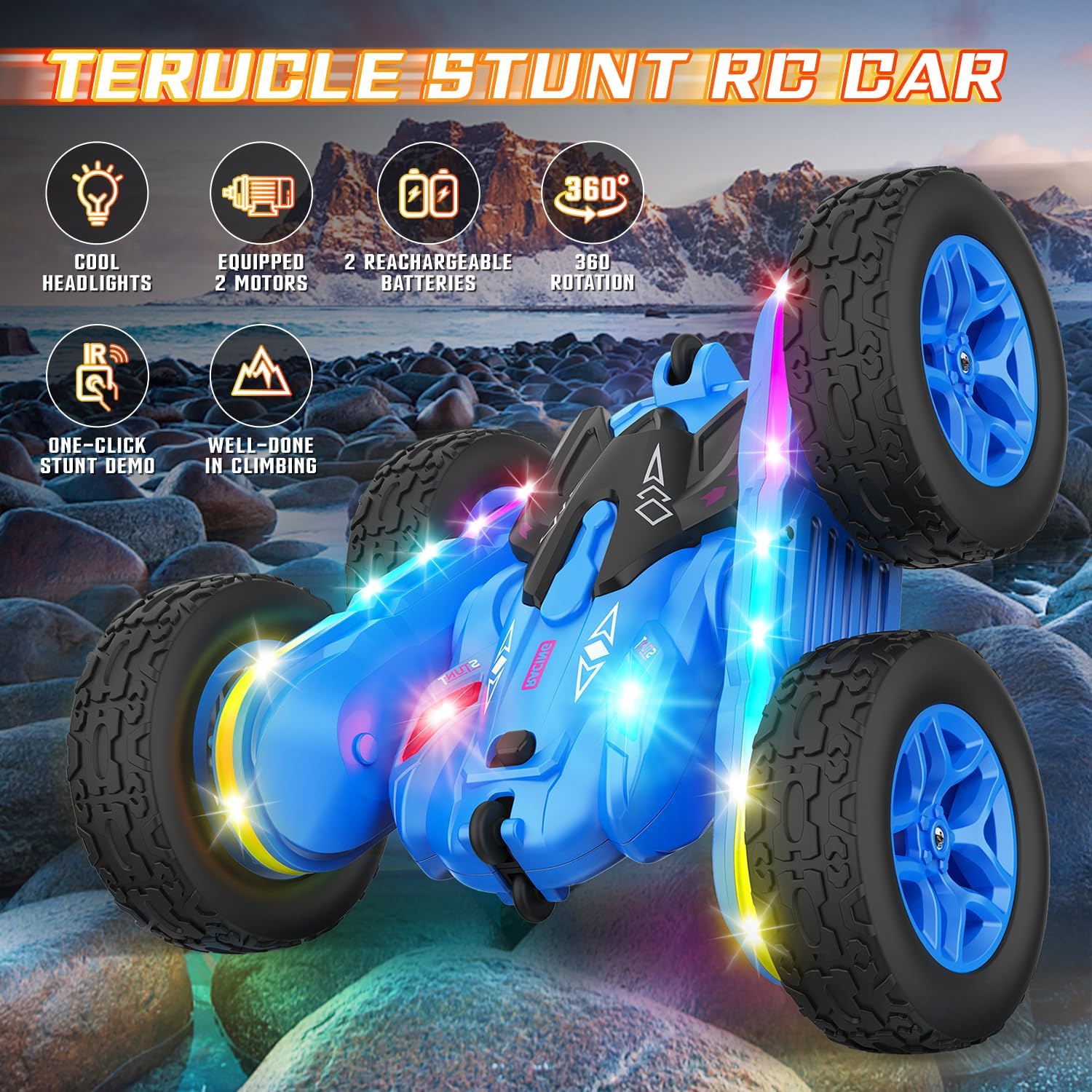 Remote Control Car, Rc Cars Stunt RC Car Toys New Upgraded Strip Lights and Headlights Car Toys Double-Sided 360° Rotating 4WD Rc Drift Truck for Boys Girls Birthday Gift (Blue) - Image 5
