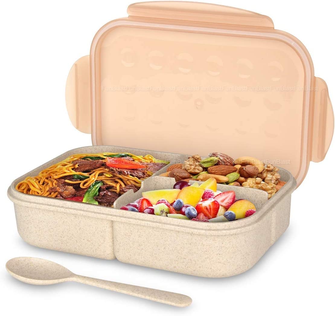 Funblast Lunch Box For Kids Tiffin Box For Kids,Plastic Lunch Box For Men&Women,School Lunch Box W/ Spoon,Lunch Box W/ Compartments,Wheat Straw Fiber Lunch Box(Multicolor),1200 Milliliter-1200 Ml - Image 2