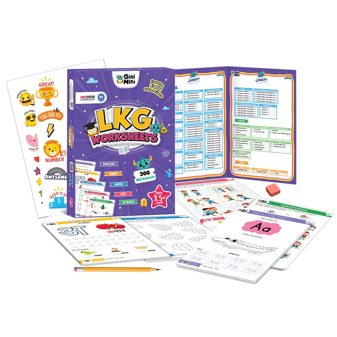GiniMini 300 LKG Worksheets for Ages 3.5+ | English, Math, EVS, Science & Hindi, Index Sheets & Stickers | Fun Multicolor Educational Workbook for Reading, Writing & Life Skills - Image 2