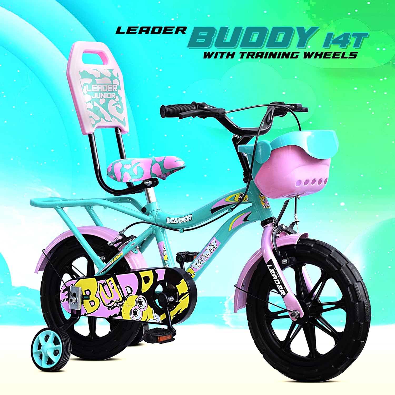 Leader Buddy Kids Cycle 14T with Training Wheels (SEMI-Assembled) for Boys and Girls Ideal for Age Group 2-5 Years | Frame: 8 Inches (14T, Sea Green_Light Pink) - Image 2