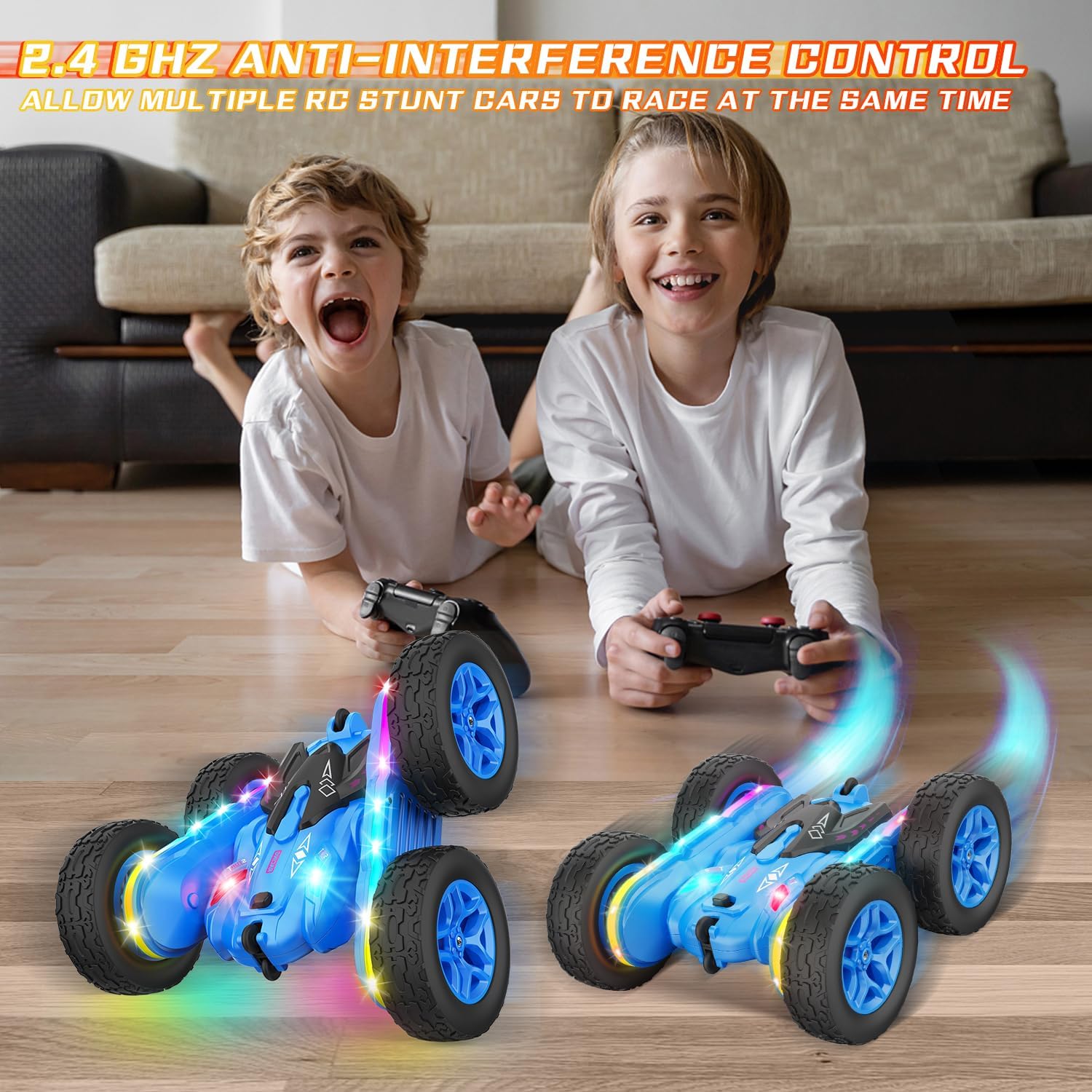Remote Control Car, Rc Cars Stunt RC Car Toys New Upgraded Strip Lights and Headlights Car Toys Double-Sided 360° Rotating 4WD Rc Drift Truck for Boys Girls Birthday Gift (Blue) - Image 4