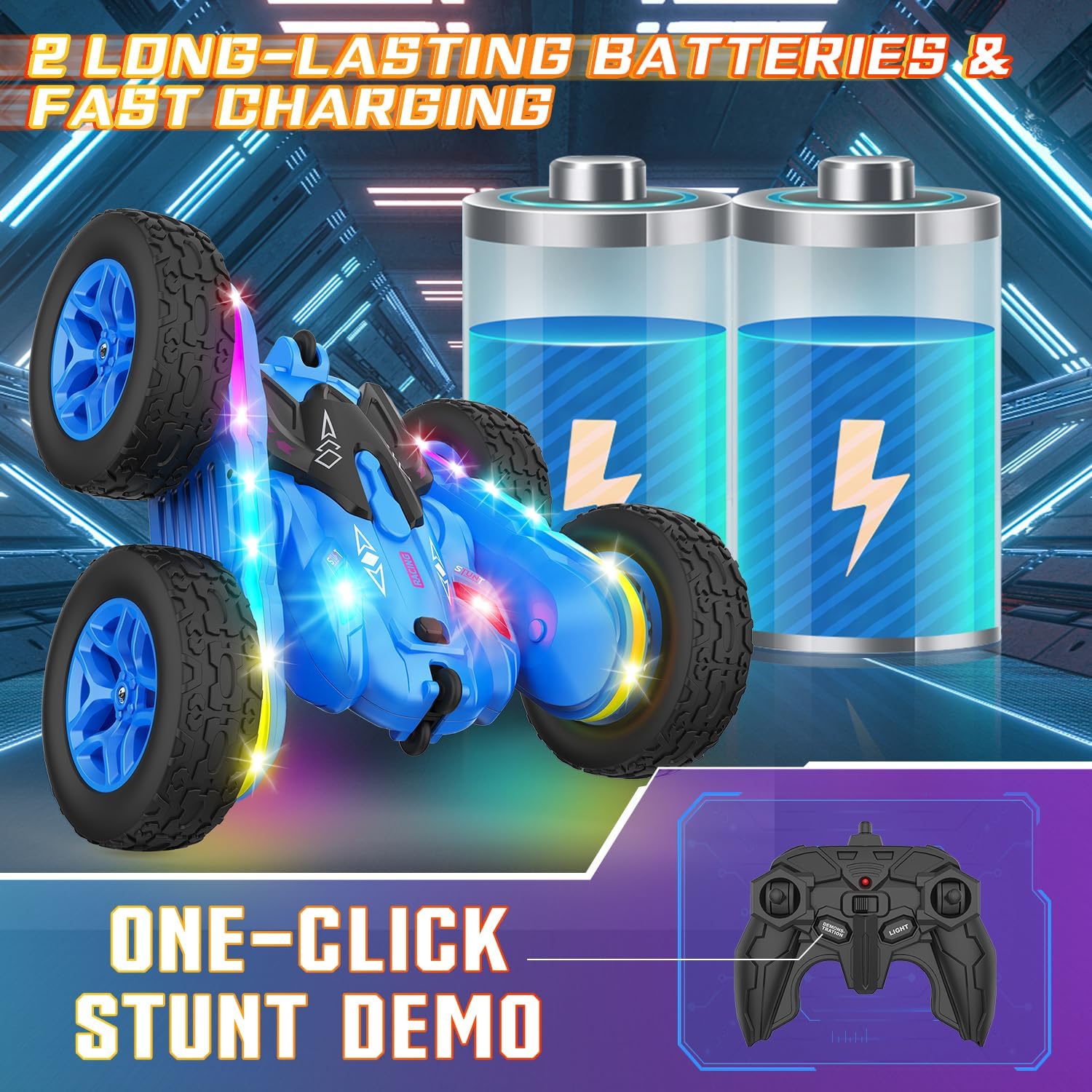 Remote Control Car, Rc Cars Stunt RC Car Toys New Upgraded Strip Lights and Headlights Car Toys Double-Sided 360° Rotating 4WD Rc Drift Truck for Boys Girls Birthday Gift (Blue) - Image 3