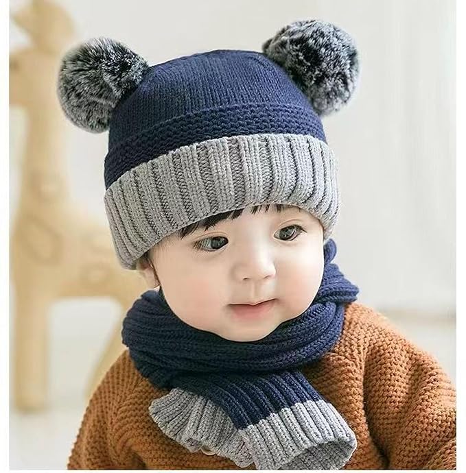 FabSeasons Kids Winter Skull/Beanie caps with scarf Set, fits for 6 Months - 3 Years Old Baby Boys & Girls/Toddler