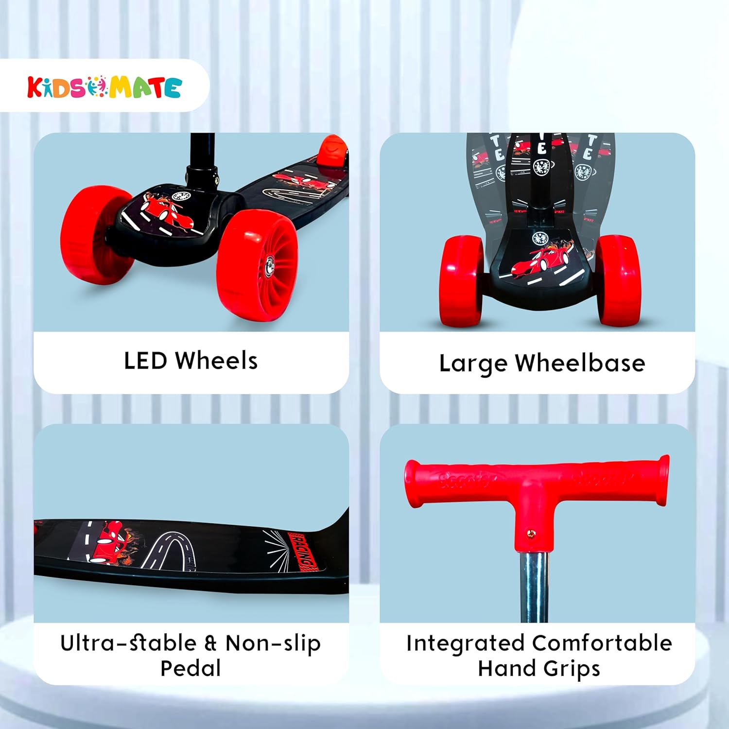 Kidsmate Cruiser Kick Scooter for Kids with Broad Wheels | 3-Wheel Skate Scooter for Boys & Girls of Ages 2-12 Years | 5-Level Adjustable Height, and Easy Fold Design Scooter for Kids (Black) - Image 3
