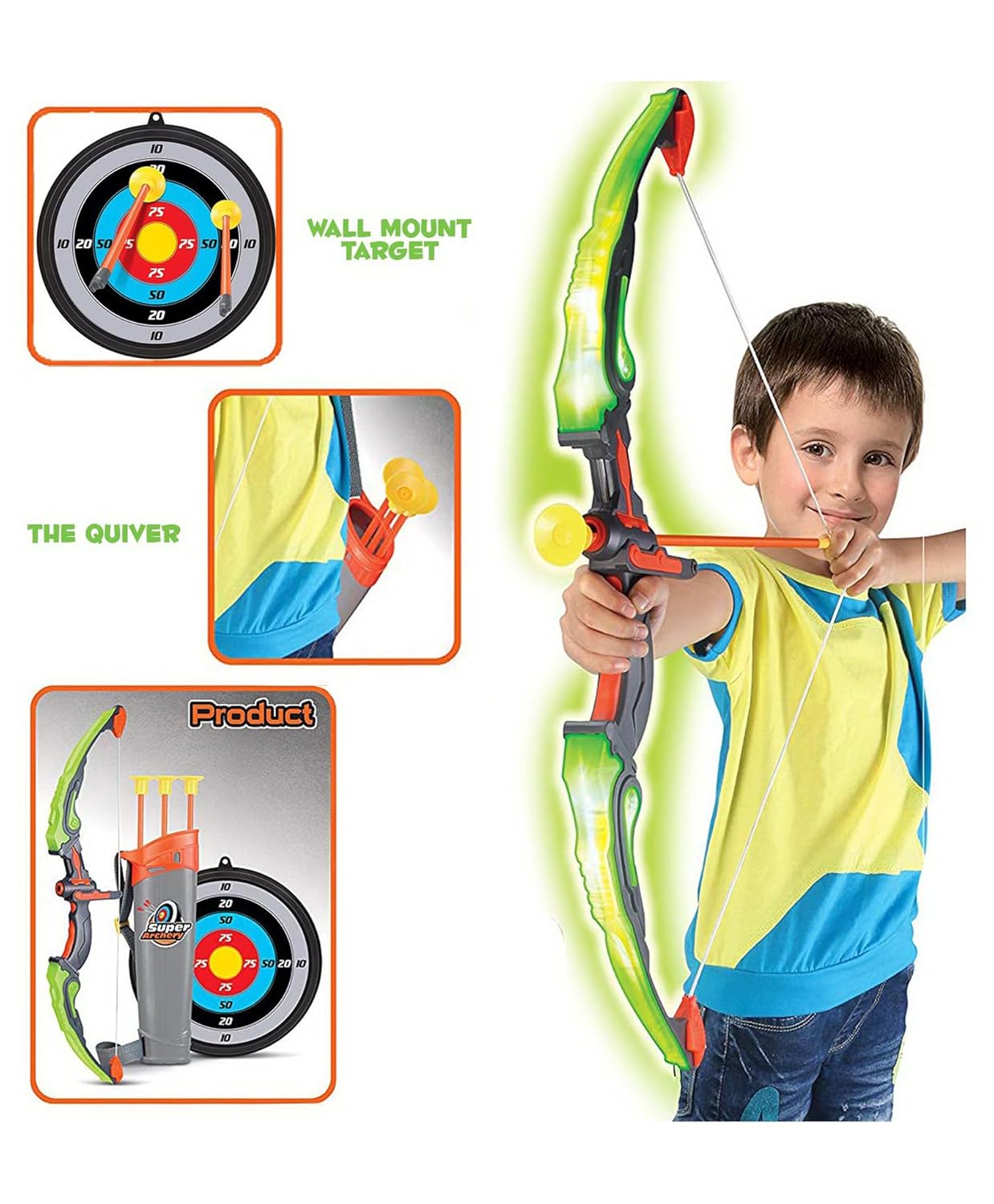 Urban Toys Archery Set for Kids - Includes Bow, 3 Suction Cup Arrows, Target & Quiver | Safe Outdoor Hunting Game for Boys & Girls | Colorful Super Archery Bow with Dart Target Board - Image 4