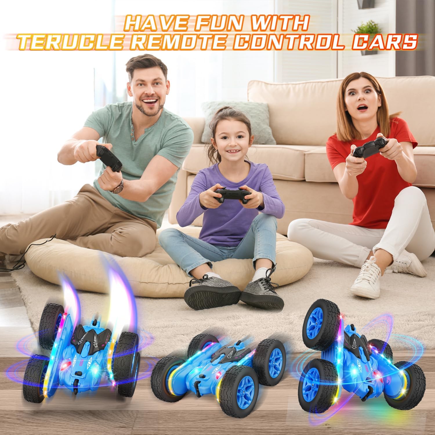 Remote Control Car, Rc Cars Stunt RC Car Toys New Upgraded Strip Lights and Headlights Car Toys Double-Sided 360° Rotating 4WD Rc Drift Truck for Boys Girls Birthday Gift (Blue) - Image 2