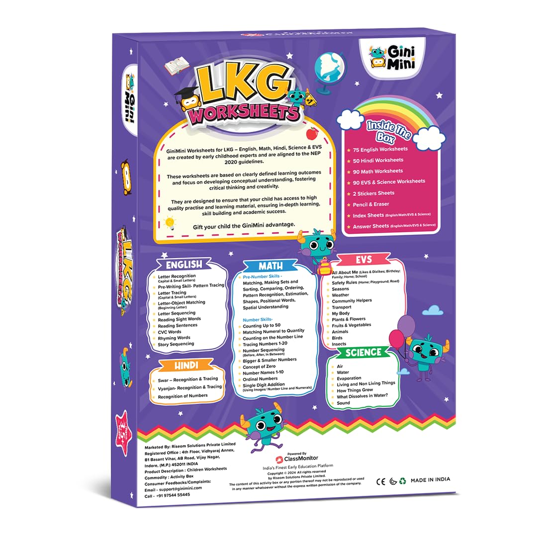 GiniMini 300 LKG Worksheets for Ages 3.5+ | English, Math, EVS, Science & Hindi, Index Sheets & Stickers | Fun Multicolor Educational Workbook for Reading, Writing & Life Skills - Image 3