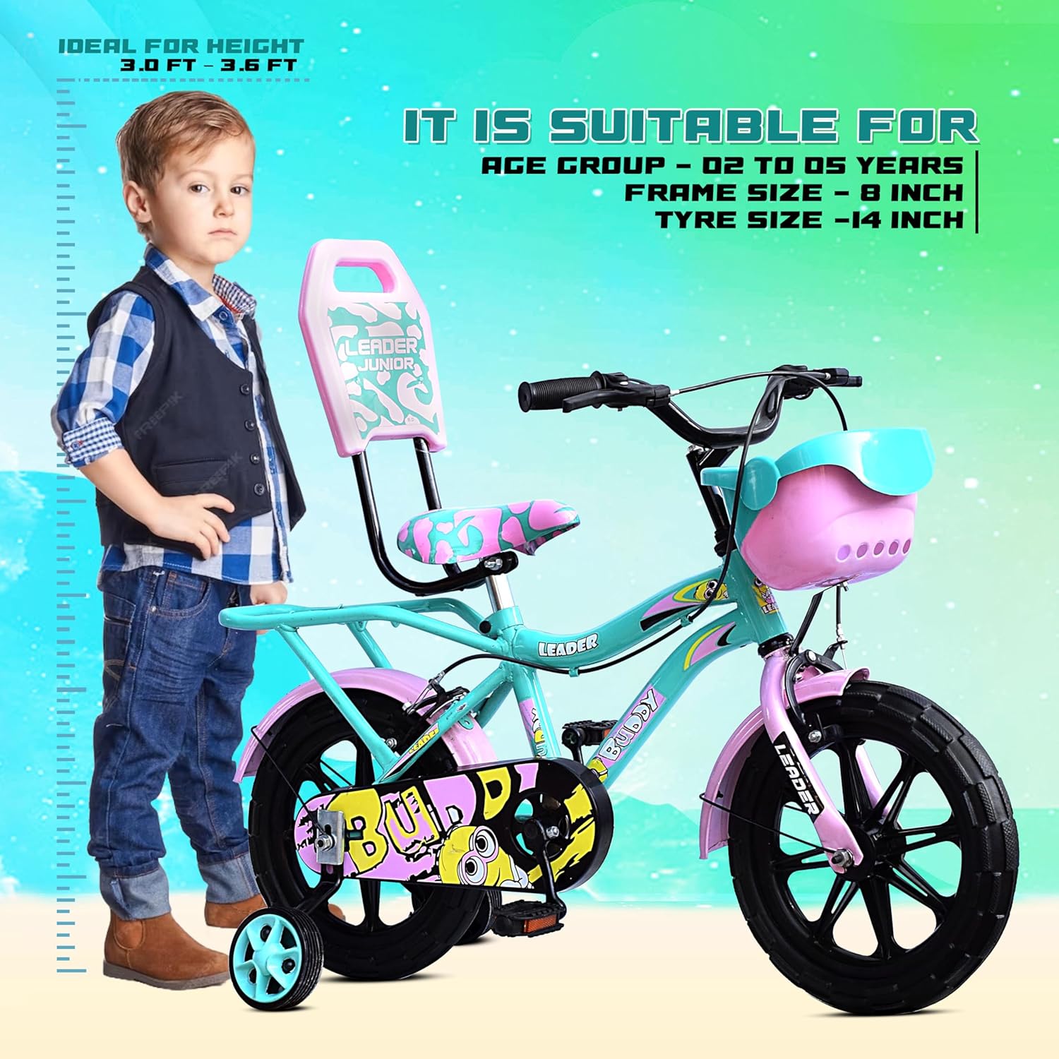 Leader Buddy Kids Cycle 14T with Training Wheels (SEMI-Assembled) for Boys and Girls Ideal for Age Group 2-5 Years | Frame: 8 Inches (14T, Sea Green_Light Pink) - Image 3