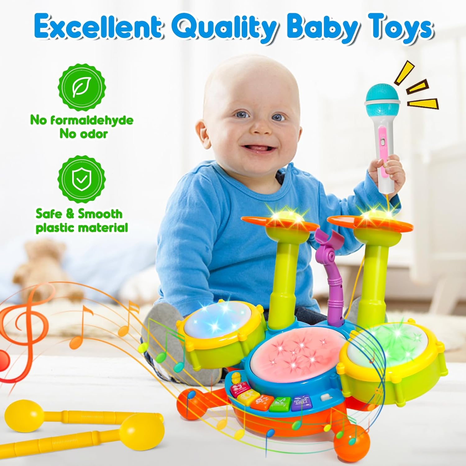 Kids Drum Set for Toddlers 1-3 Musical Toys for 1 Year Old Boy Gifts Baby Educational Instruments Microphone Piano Light Up Baby Learning Toys 12-18 Months Easter Gift for 1 2 3 Year Old Boy Girl - Image 3